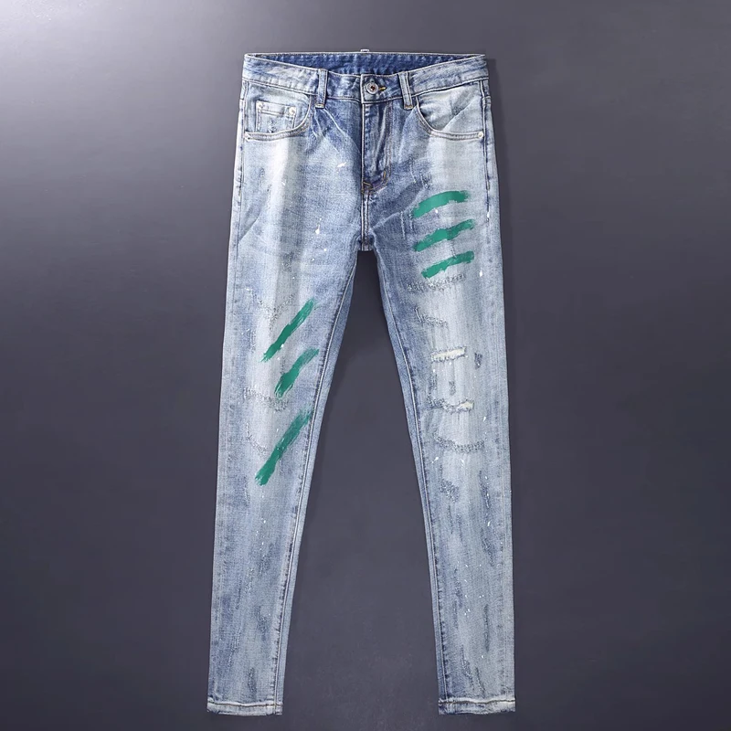 Street Fashion Men Jeans Retro Washed Blue Elastic Stretch Slim Fit Ripped Jeans Men Painted Designer Hip Hop Denim Pants Hombre