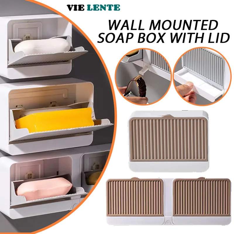 Wall Mounted Soap Box with Lid Bathroom Decoration Soap Dish Holder Double Single Grid Soap Dish Back Adhesion Force Punch-free