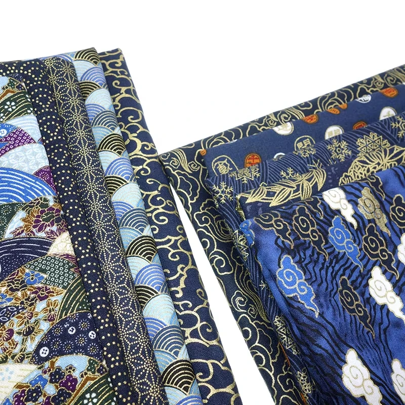 

1m Gold-Stamped Pure Cotton Fabric Auspicious Cloud Wave Pattern Printed Japanese-Style Cloth for Kimono Curtain DIY Sewing