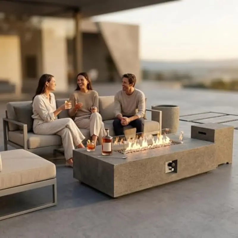 56-inch rectangular outdoor gas fire pit table with 50000 BTU heat output, modern gray finish, alloy steel and concrete construc