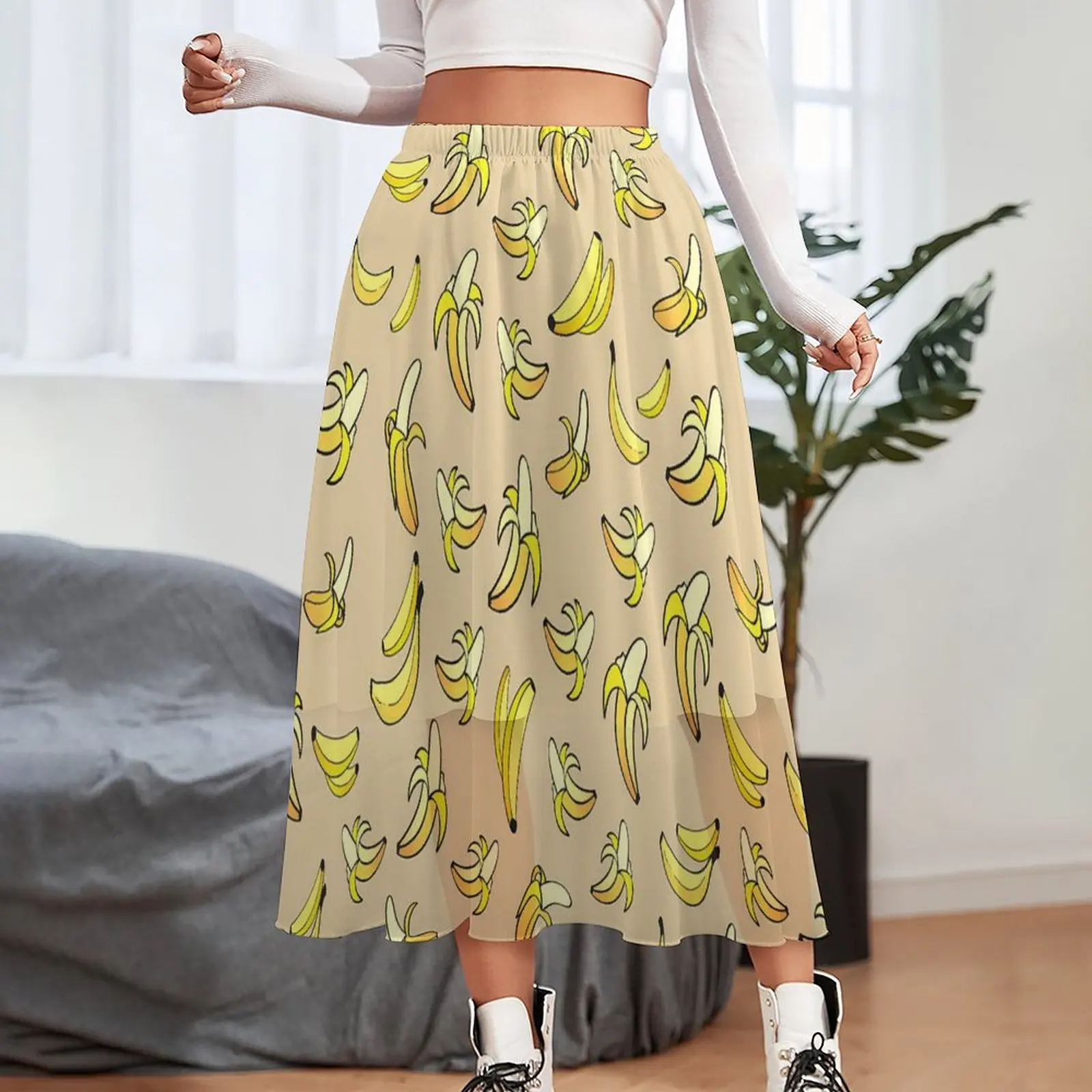 Yellow Banana Chiffon Skirt Fruits Print Street Fashion Casual Skirts Women Vintage A-line Skirt Printed Clothing Gift Idea