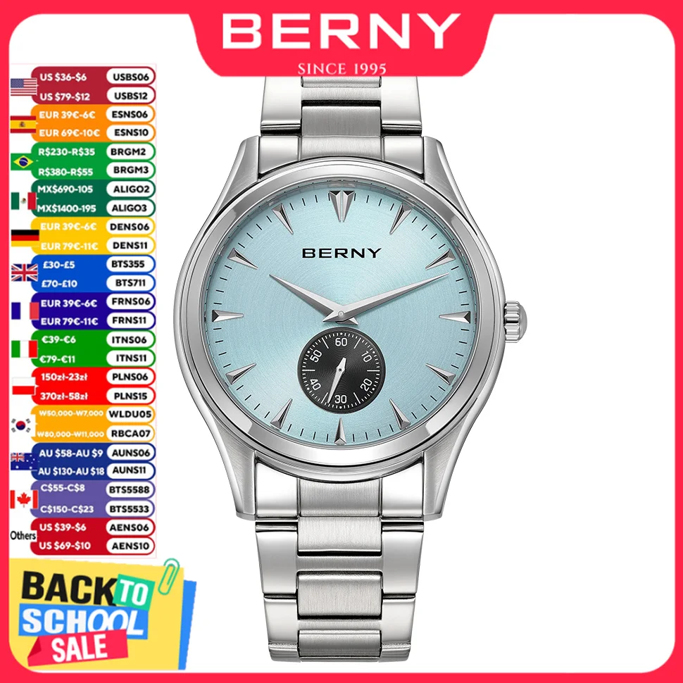 BERNY Uhr für Herren, lässige Armbanduhr, Quarz, 5 ATM, wasserdicht, Herren-Armbanduhr, Edelstahl, modische Quarzuhren für Herren