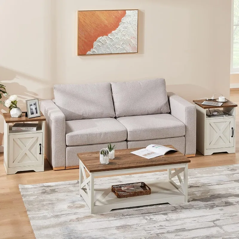 3-Piece Farmhouse Table Set Includes Coffee Table& Two End Tables, Side Table with Charging Station and USB Ports