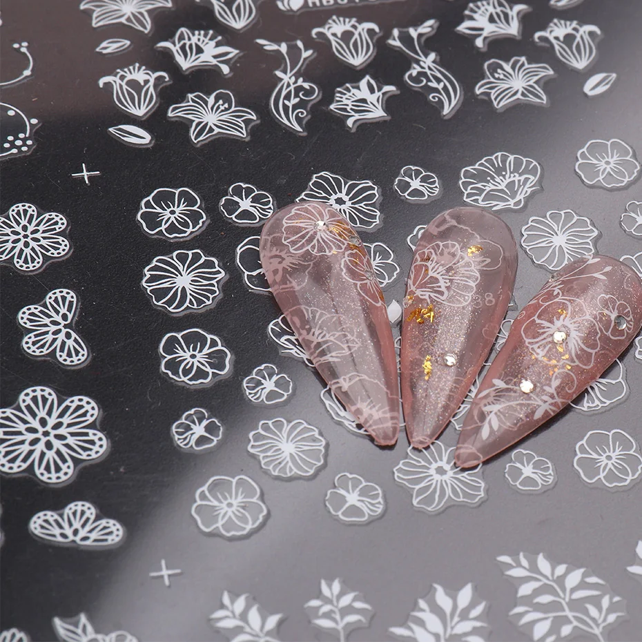 12 Design 3D Nagel Aufkleber Decals Weiß Schwarz Spitze Blumen Blatt Design Geometrie Linie Nagel Kunst Sliders Maniküre Dekorationen