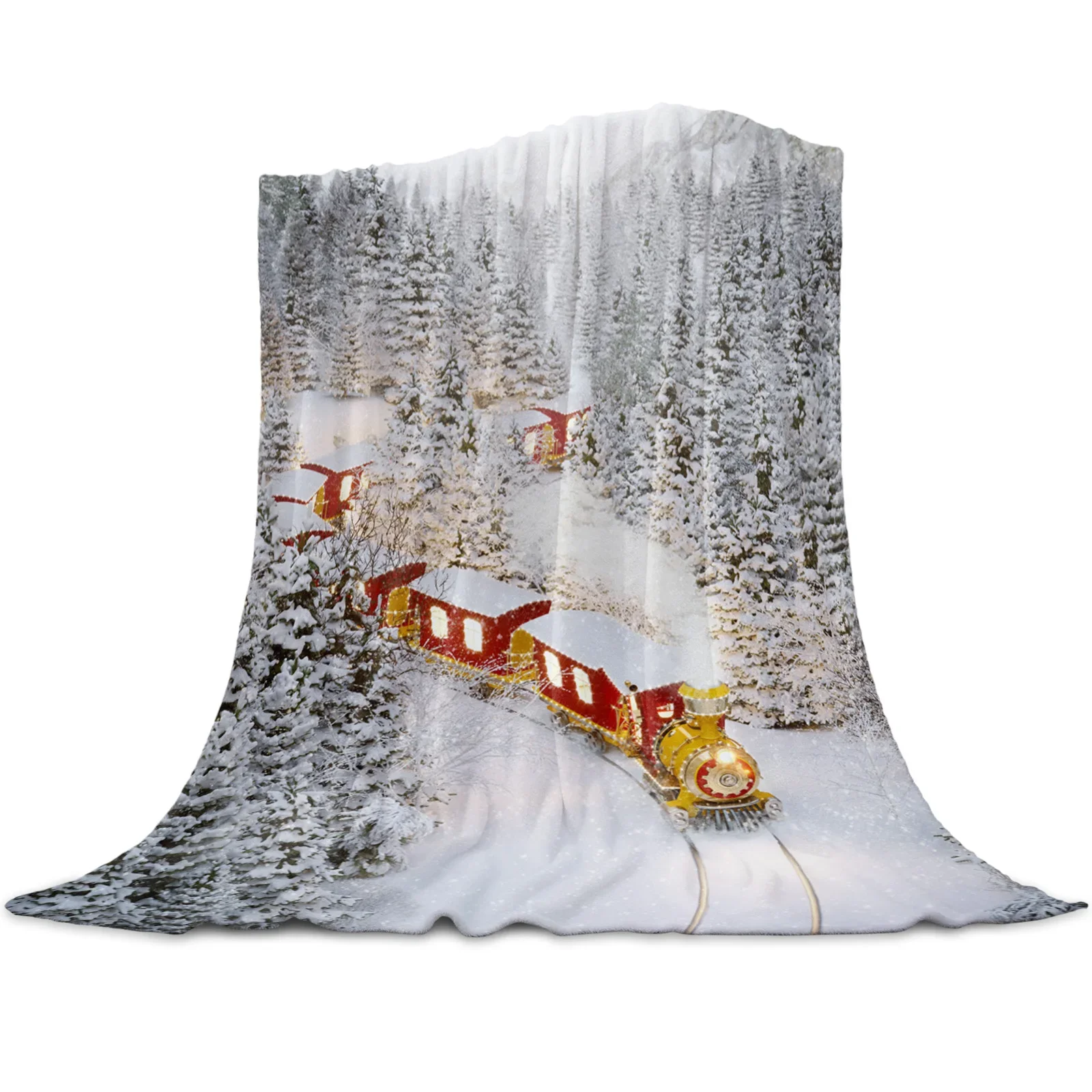 Steam Train Snow Landscape Retro Flannel Blanket for Bed Sofa Couch Portable Super Soft Fleece Throw King Queen Size Lightweight