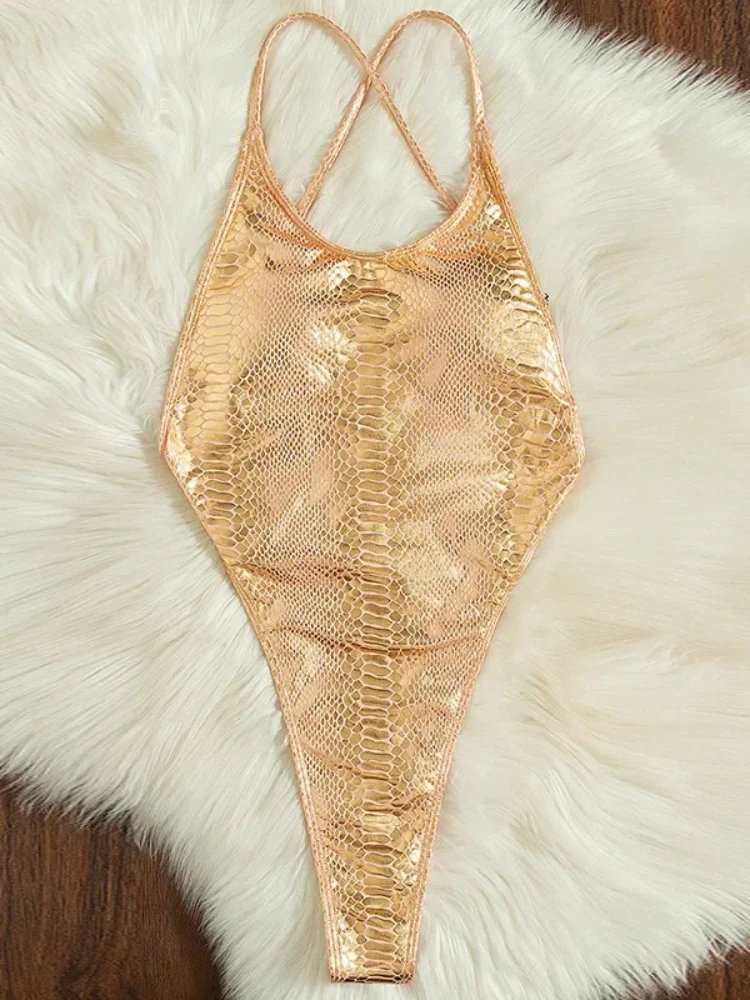 Golden Shiny Snake Print Swimsuit for Women,2025 Summer New One Piece Bikini,U-neck Suspender Cross Straps Beachwear Monokini