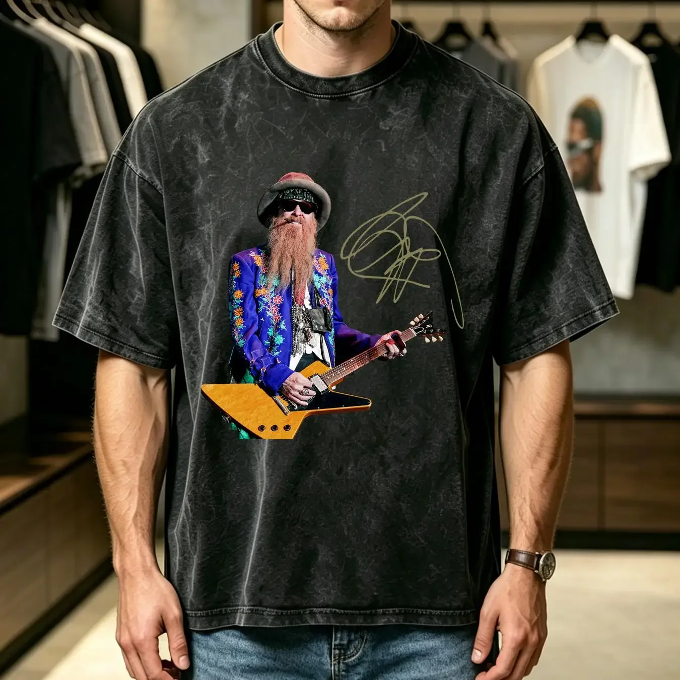 washed T Shirt Billy Gibbons Signature Cotton Black S 234XL Classic 1A363 long sleeves vintage Washed Casual Soft Comfortable