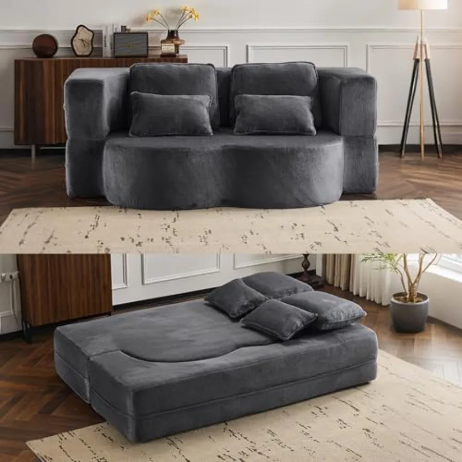 

78 Plush Fabric Folding Floor Sofa Bed, Convertible Full Size Sleeper for Living Room Apartment Office, Gray Color with 4 Pillo