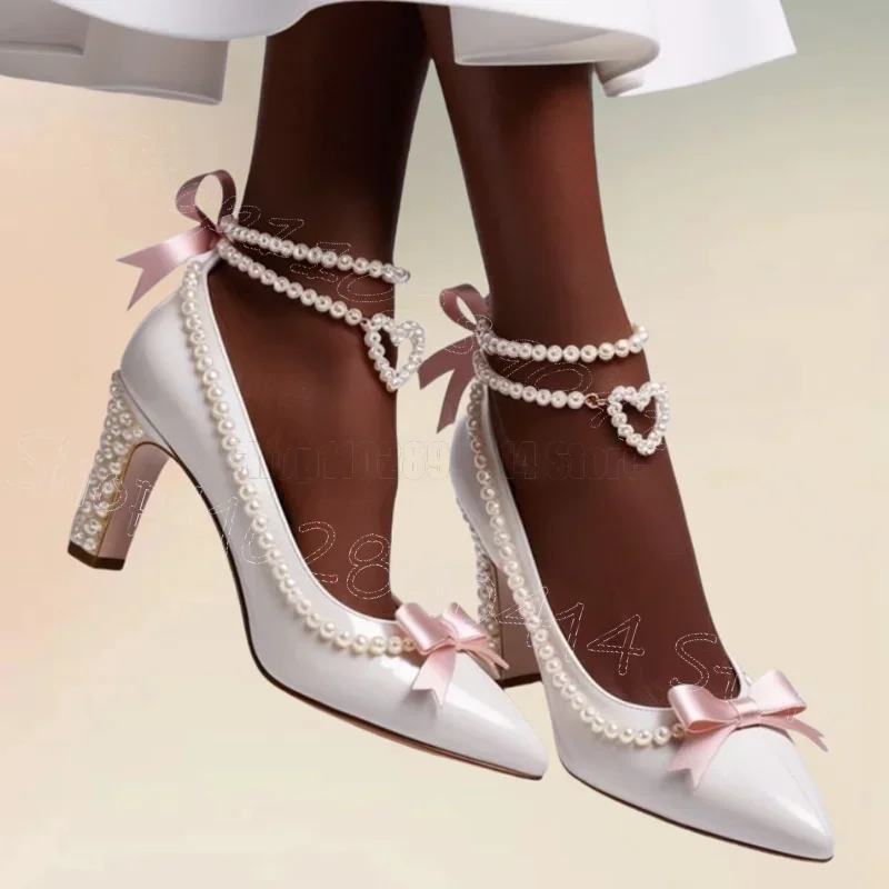 

Pearl Chain Pink Bow Knot White Pointy Toe Pumps Buckle Strap Women Shoes Chunky High Heels Party Feast 2025 Zapatos Para Mujere