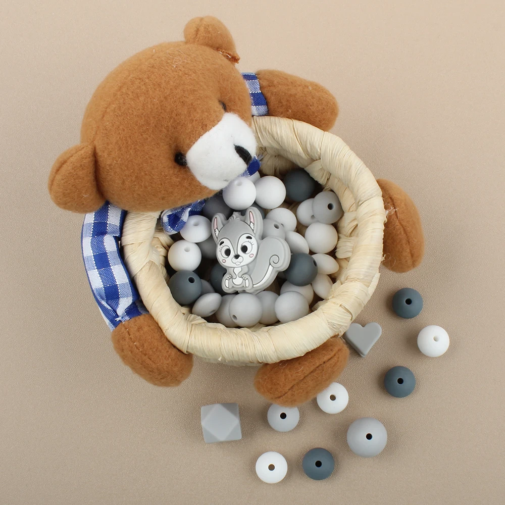 45pcs/Set Squirrel Silicone Beads Baby Round Heart Focal Beads Chew Set Food Grade DIY Pacifier Chain Clips Accessories
