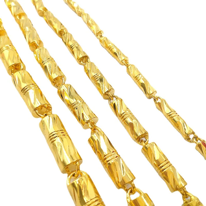 Necklace Cylinder Double Bamboo Knot Necklace 9999 24K Real Gold Necklace Men\'s and Women\'s Solid Bamboo Knots