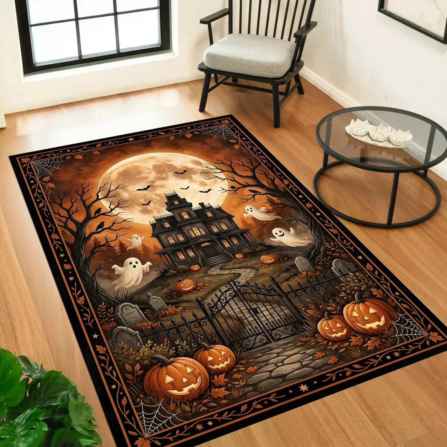 Haunted House Halloween Carpet, Ghost Theme Carpet, Gothic Pumpkin Carpet, Full Moon Haunted House Carpet, Halloween Decoration, Autumn Living Room Carpet.