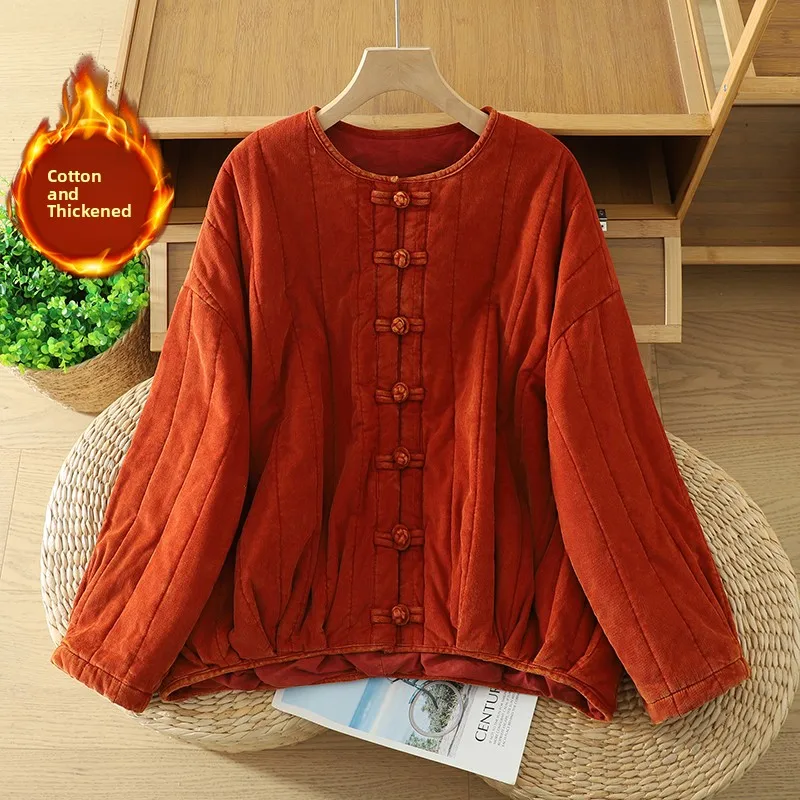 Retro Künstlerischer Vintage SLE Thiened Long Sve Cotton Jaet Pure Color Button-up-Mantel Kürbis-Design Cord-Knopfdetail