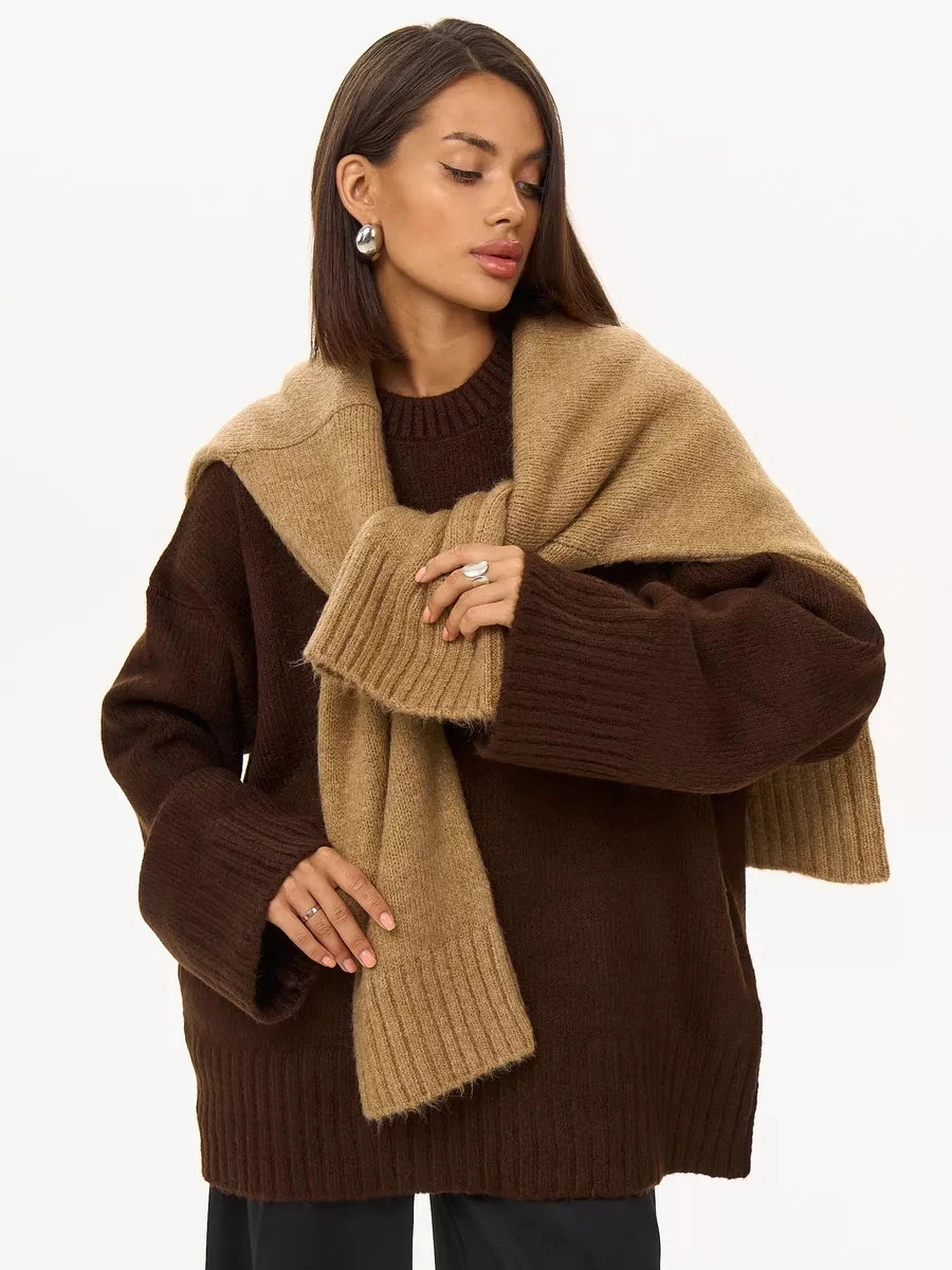 Women's Knit Solid Brown Casual Sweater Crew Neck Vintage Oversize Trendy Sweater Horn Cuff Long Sleeve  Sweater