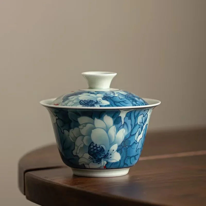 Blue and White Three Talent Cover Bowl Pot Bearing Simple KungFu TeaSet Can Hover and Grab Tea Bowl TeaCup Household TeaSet Gift