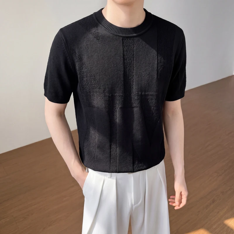 2026 Summer New Style Mature Male Slim-Fitting Round-neck Solid-Color Plaid Knitted Sweater Short Sleeve