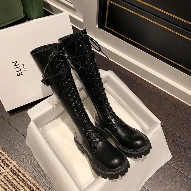 MKKHOU Fashione Knee High Boots Women's New High-Quality Genuine Leather Boots Round Toe Lace Up High Boots Winter Warm Boots