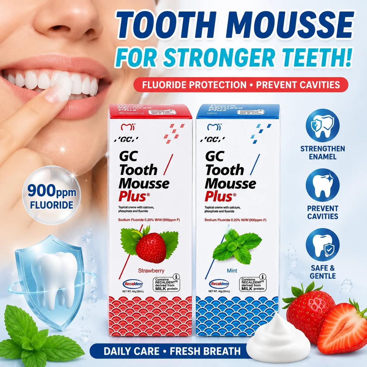 GC Tooth Mousse Plus Protein Strengthen Enamel Prevent Cavities Strawberry Mint Two Flavors Dental Daily Care Mousse