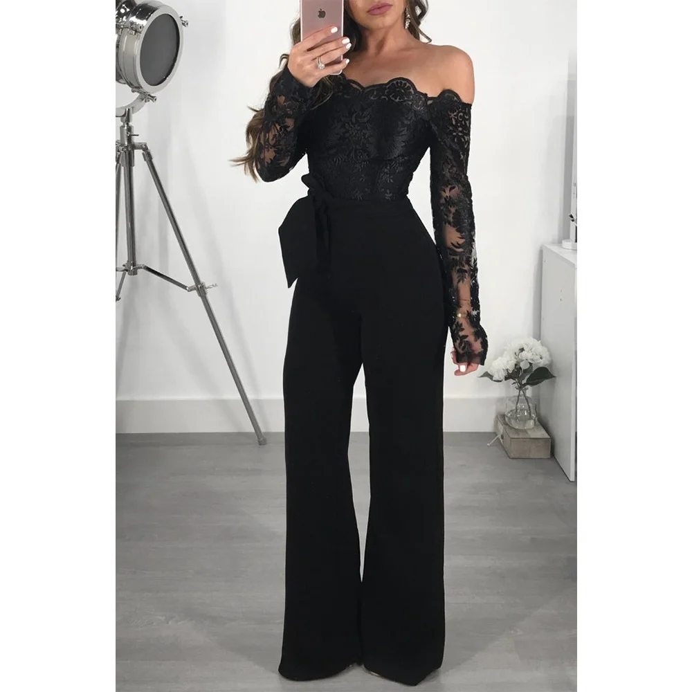 Appliques Lace Patchwork Jumpsuit Women Sexy Off Shoulder Slash Neck Long Sleeve Women Jumpsuit Elegant Wide Leg Jumpsuit 2XL