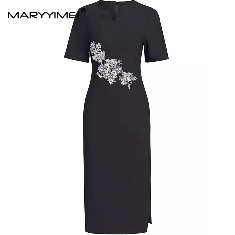 MARYYIMEI Spring Summer Fashion Women\'s Pencil Dress Short Sleeved Beading Sequins Slim-Fit Hip Wrap Commuter Dresses