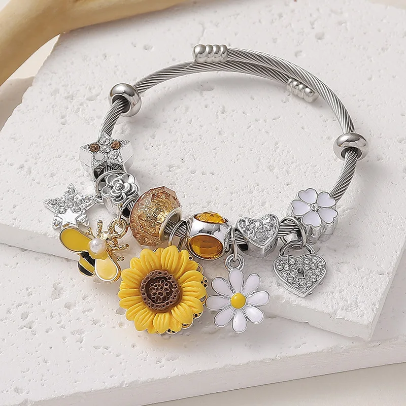 Small Fresh Countryside Style Simulation Sunflower Painting Oil Bee Butterfly DIY Stainless Steel Open Bracelet