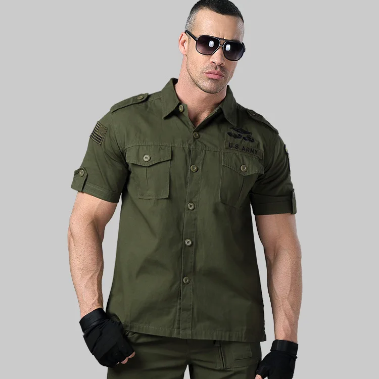 Men Khaki Shirt Short Sleeve Military Shirt Men Blouse Pilot Camouflage Double Pocket Loose Army Green 2024 New Model Male Shirt