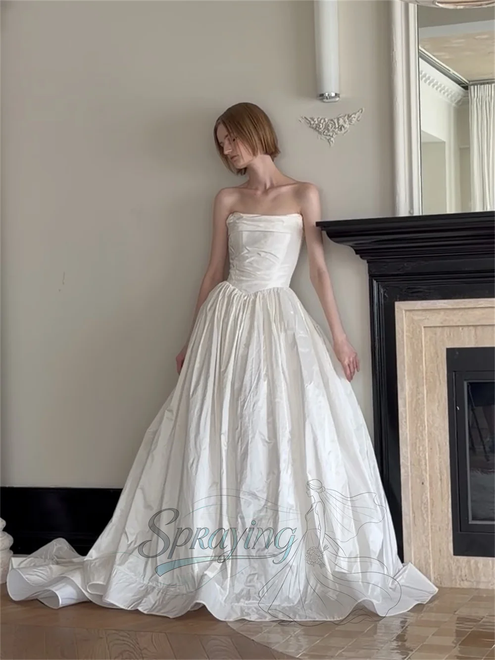 SPRAYING Simple Ivory Taffeta Wedding Dresses Korea Photo Shoot Strapless shawl Long Bridal Gown Corset Customized 웨딩드레스