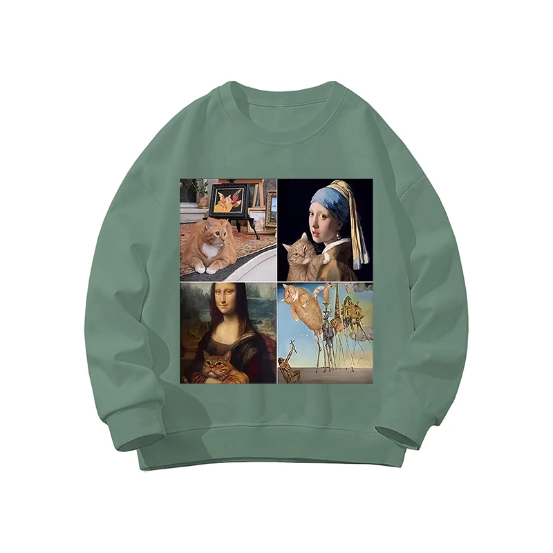 

Толстовки женские с изображением кота, картина маслом, пуловеры с забавным графическим принтом, толстовки с длинными рукавами, повседневные зеленые топы, одежда в стиле Харадзюку 2025