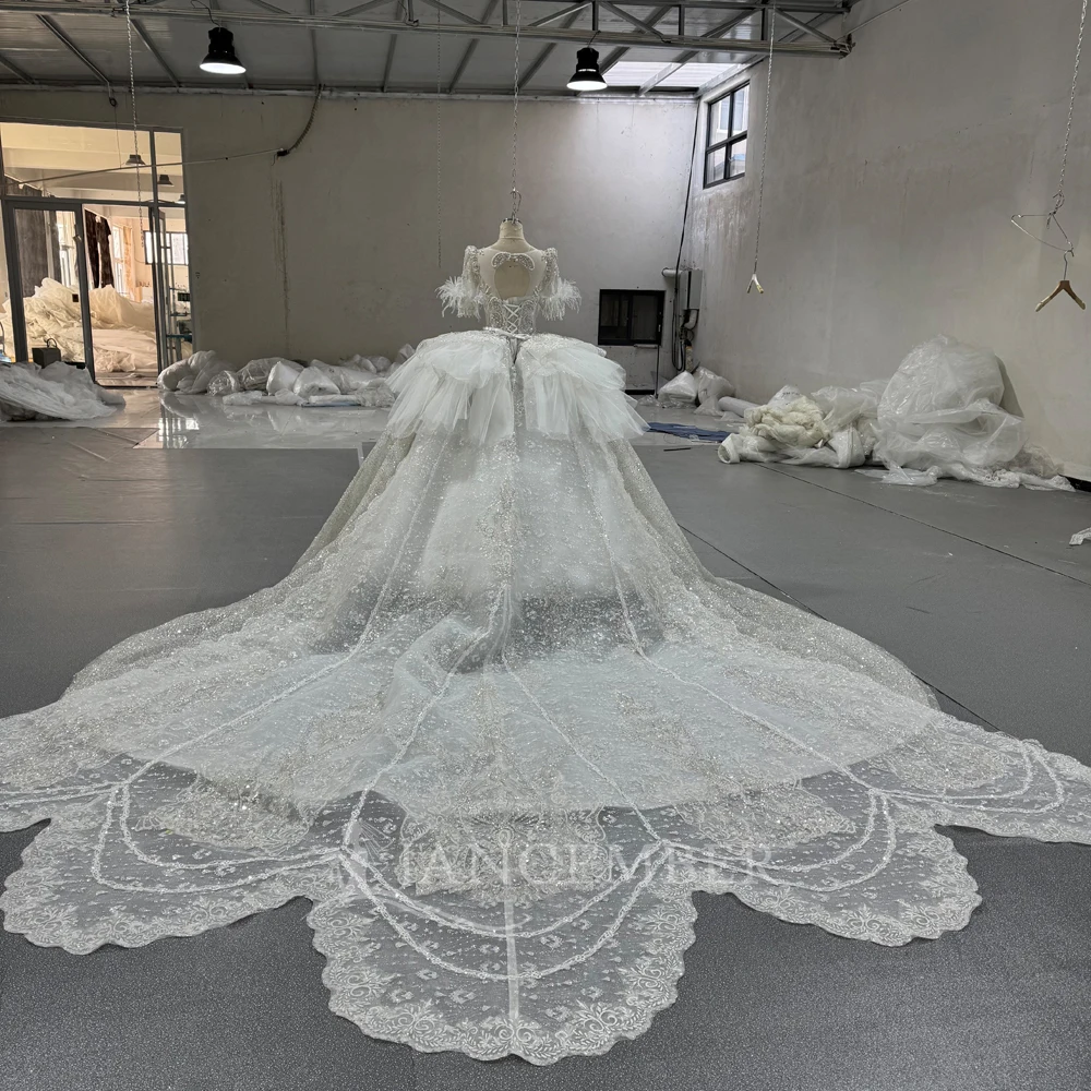 Customized Luxury Bedad Short Sleeve Wedding Dress 2025 New Square Collar Vestido De Noiva For Bride Gown Plus Size Floor Length
