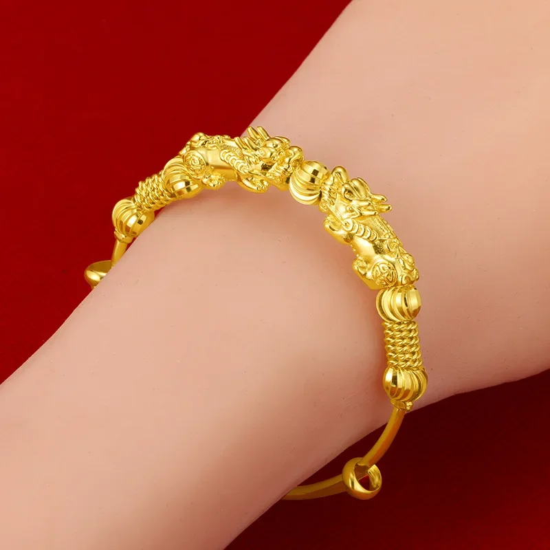 Original 18 K Yellow Gold Color Money Pixiu Transfer Beads Bracelets for Women Baby Golden Bangles Fine Jewelry Gifts Not Fade