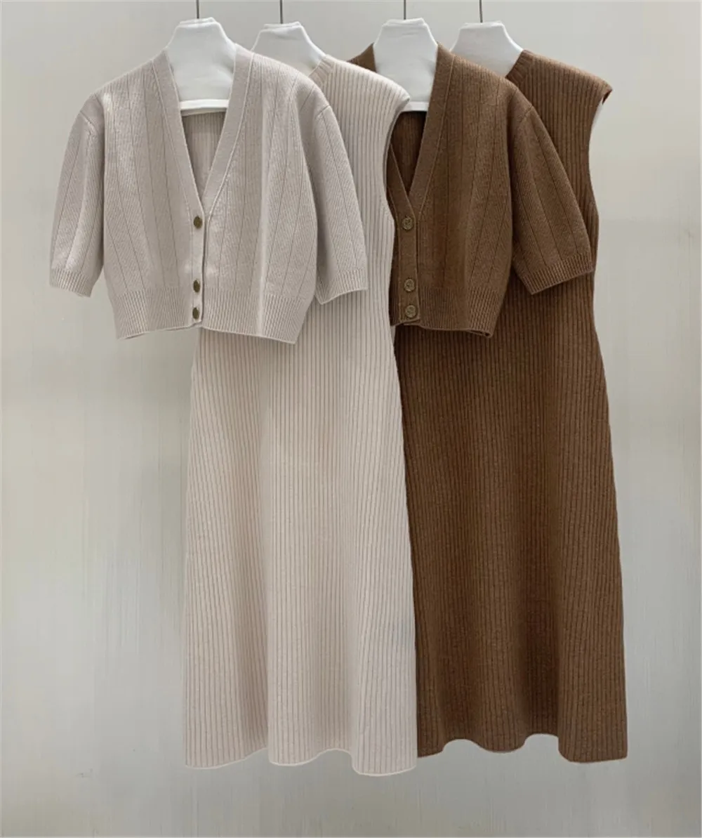 Women\'s Cashmere Suit V-Neck Single Breasted Cardigan Sweater+Pullover Sleeveless Dress L*P 2 Piece Set