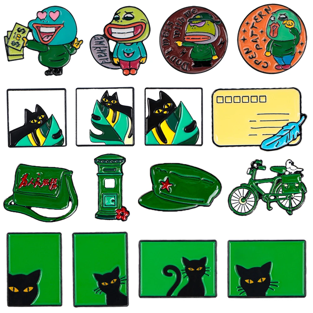 XEDZ Creative Green Big Mouth Monster Enamel Lapel Pins Punk Satchel Bike Cat Metal Badge Fashion Sweater Brooch Accessory Gifts