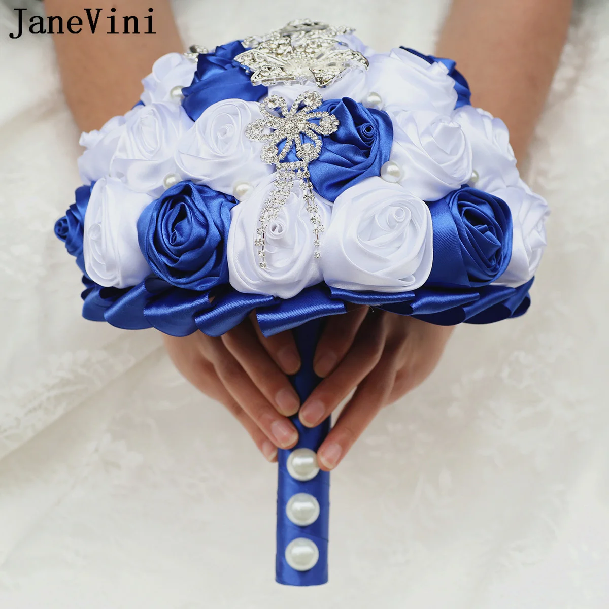 JaneVini Bouquet da sposa con perline di cristallo lucido fascino Fleurs perla da sposa damigella d'onore fiore Bouquest Royal Blue bianco rose da sposa