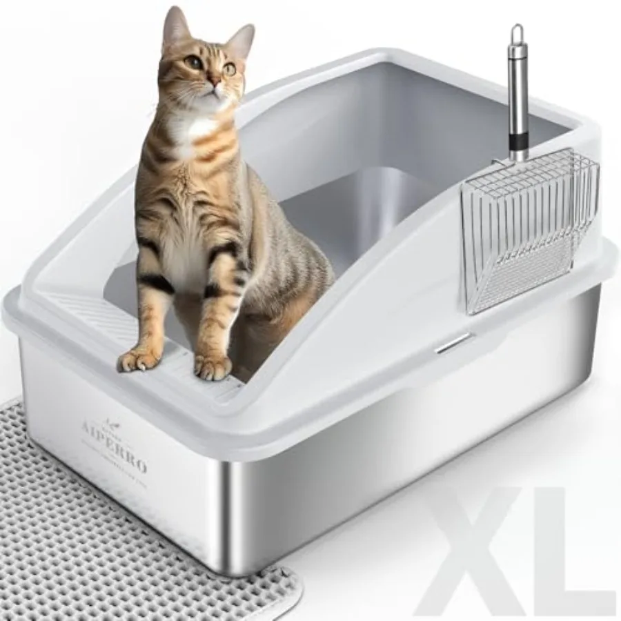 

Stainless Steel Litter Box XL Enclosed Cat Litter Boxes with Lid for Big Cats High Sided, Anti-Urine Leakage Non-Stick Bottom a