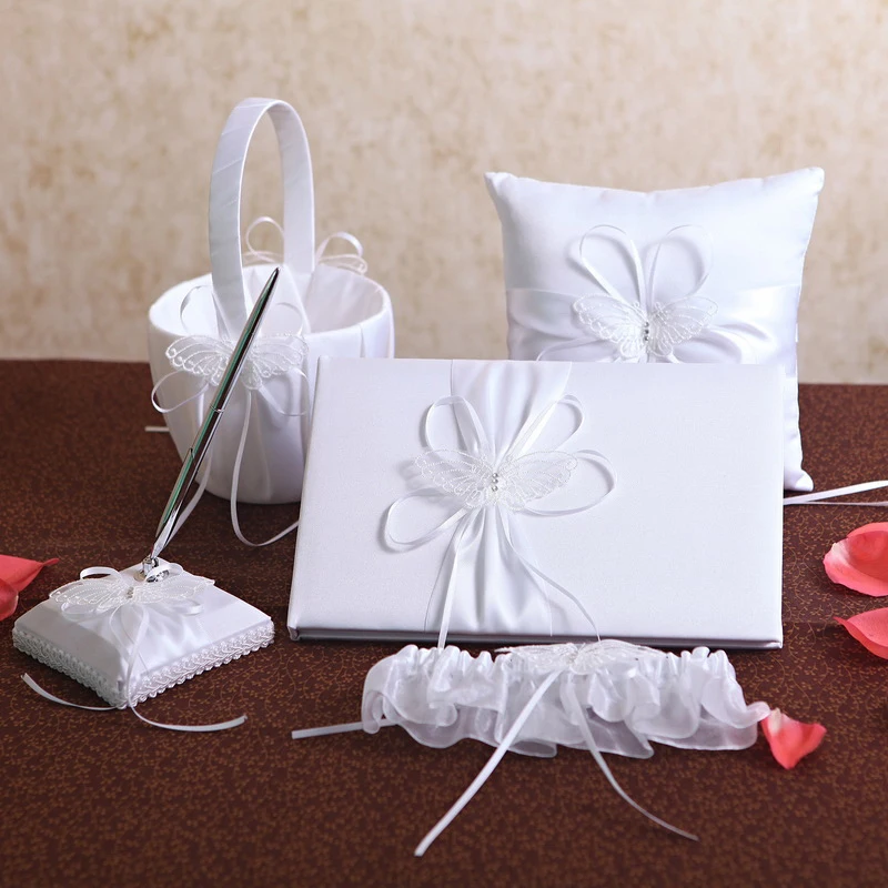 5Pcs/Set White Bow Satin Wedding Decoration Ring Pillow Flower Basket Guest Book Pen Garter Set Bridal Products Supplies