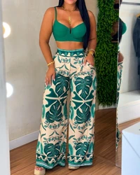 One Piece Set for Women 2024 Summer Casual Elegant O-Neck Sleeveless Palm Leaf Print Pocket Design Wide Leg Bodycon Pants