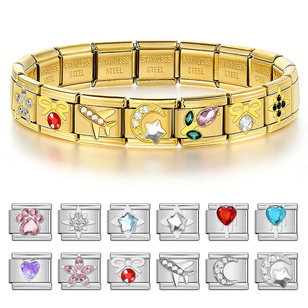 Gold Color Charm Jewelry Valentine's Day Gifts Star Rose Plane Moon Italian Link fit 9mm Stainless Steel Bracelet Making DIY