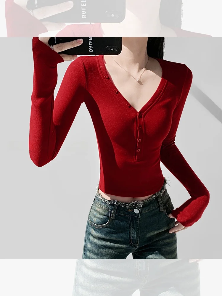 

Женская облегающая футболка с глубоким V-образным вырезом и длинным рукавом, красная, для ношения зимой, весной и летом, в стиле Pure Desire, тонкий крой, для повседневной носки