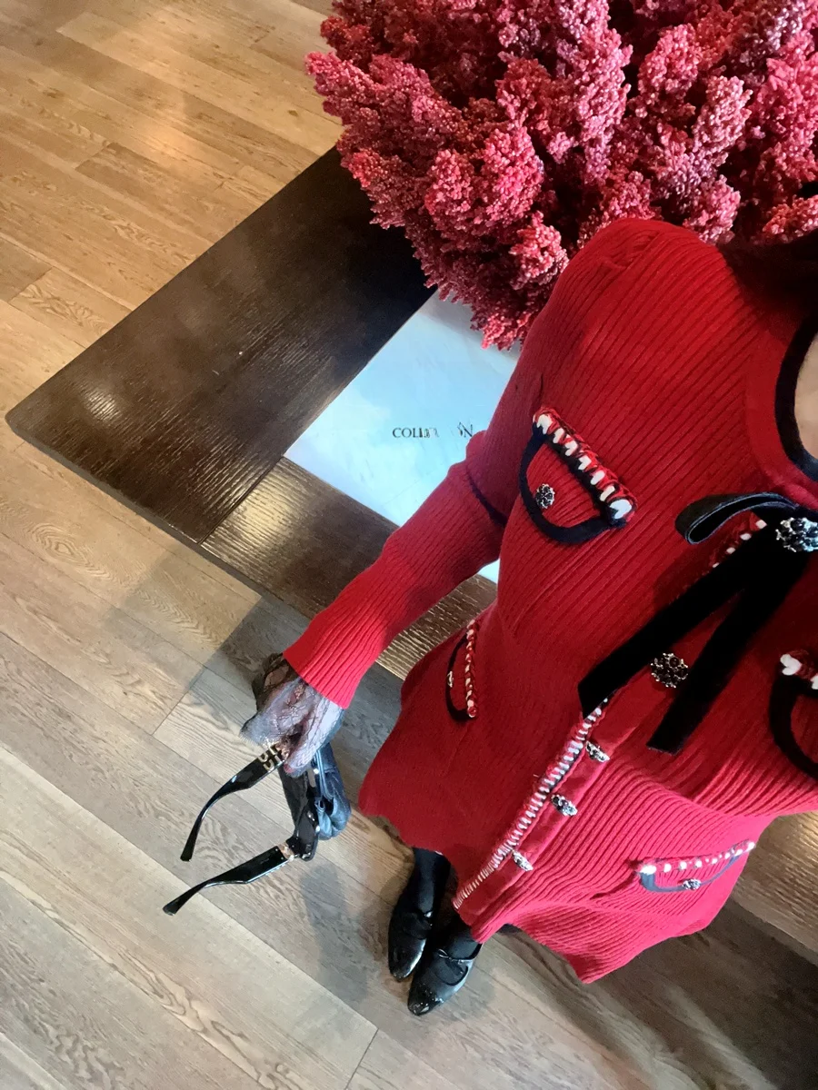 

Mavis Leung Festive Season Ceremony Knot Ribbon Color Blo ket Knitted Dr Casual H Version Long Sve