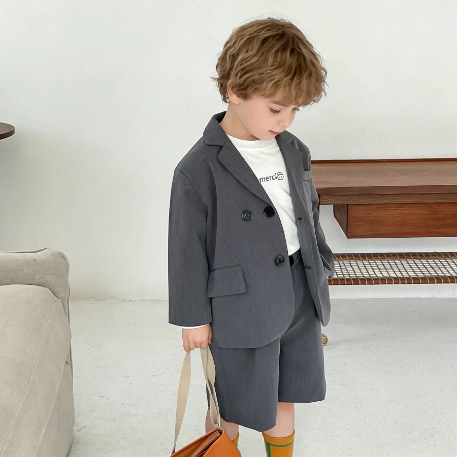 Toddler Boy Casual Blazer Short Set Kids Double Breasted Smart Suit Wedding Party School Performance Formal Outfit for 2-12Y