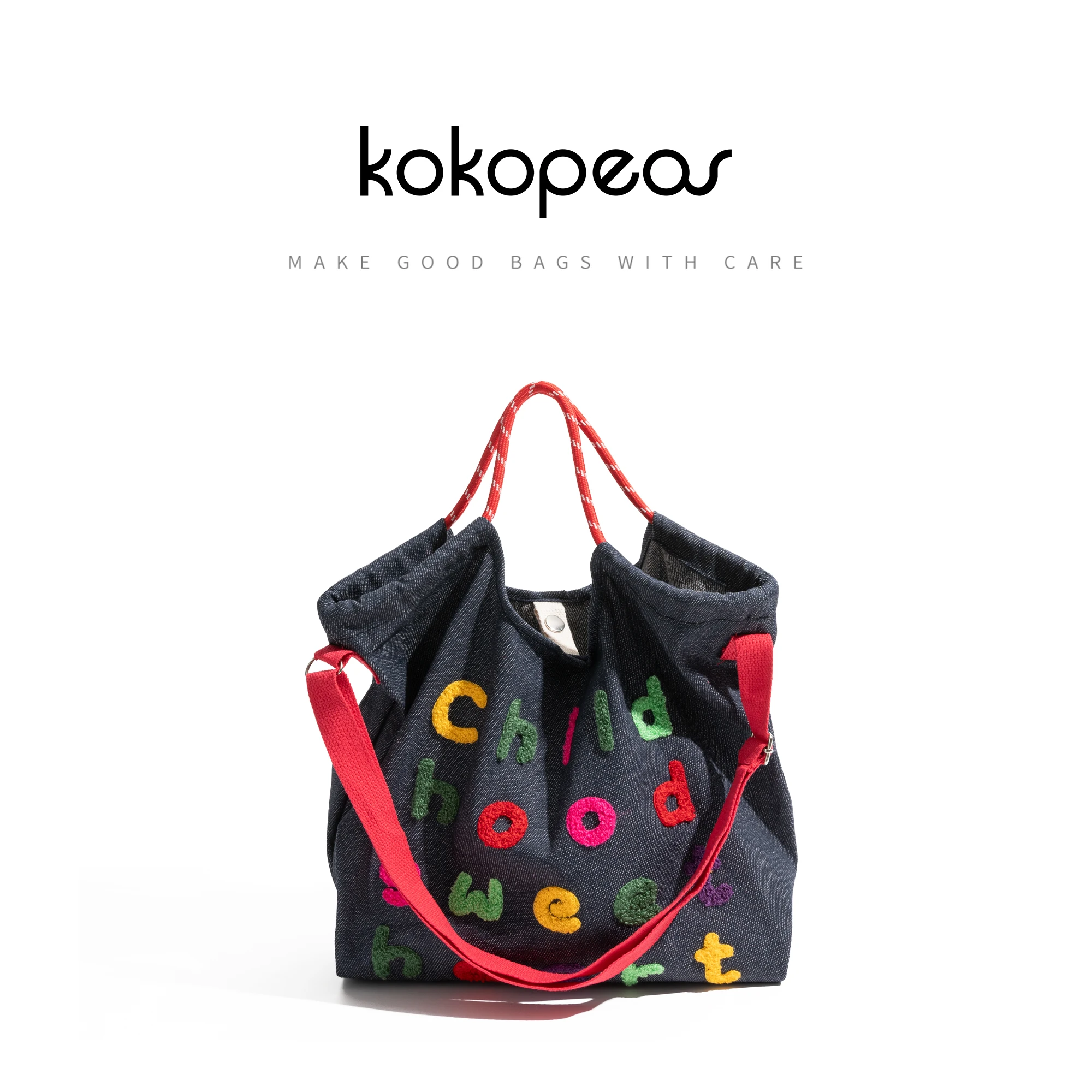 KOKOPEAS Canvas Embroidey Fashion Woman Tote Handbag Square Denim Vintage Female Shoulder Purse Simple Girl School Bag