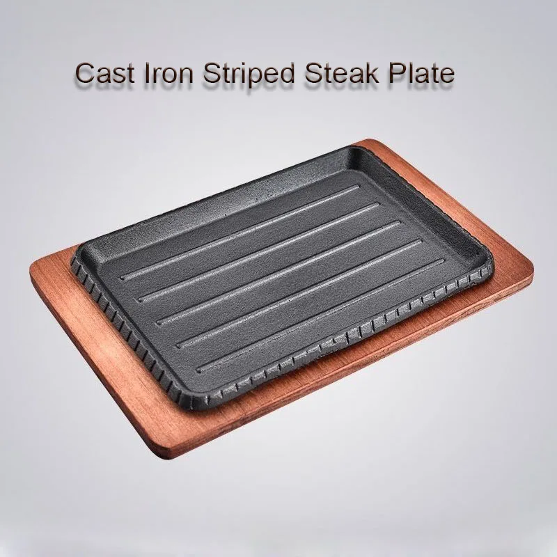 Wholesale Cast Iron Striped Steak Plate BBQ Grilled Plate Rectangle Sizzle Griddle Steak Pan with Wooden Base