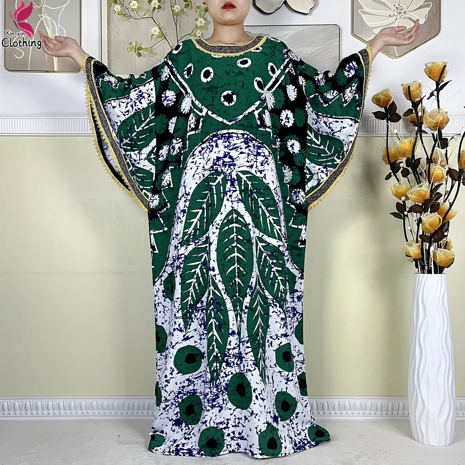 2024 African Abaya For Women Dashiki Dubai New Cotton Batwing Sleeve Loose Femme Robe Printed Caftan Islam Dresses With Hijabs