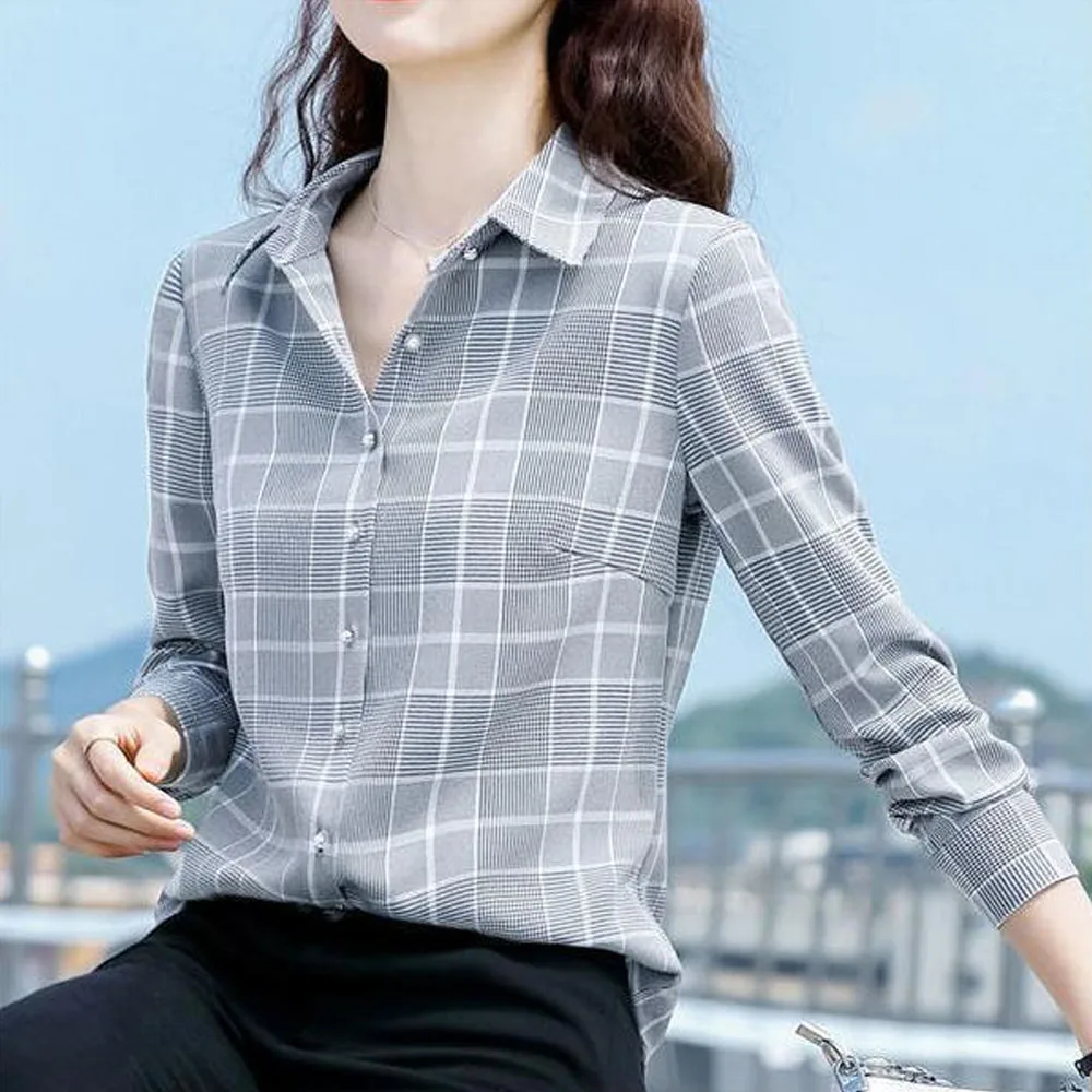 

New plingham shirt women long-sleeved fashion temperament slim Korean version loose long-sleeved shirt women's blouse foreign