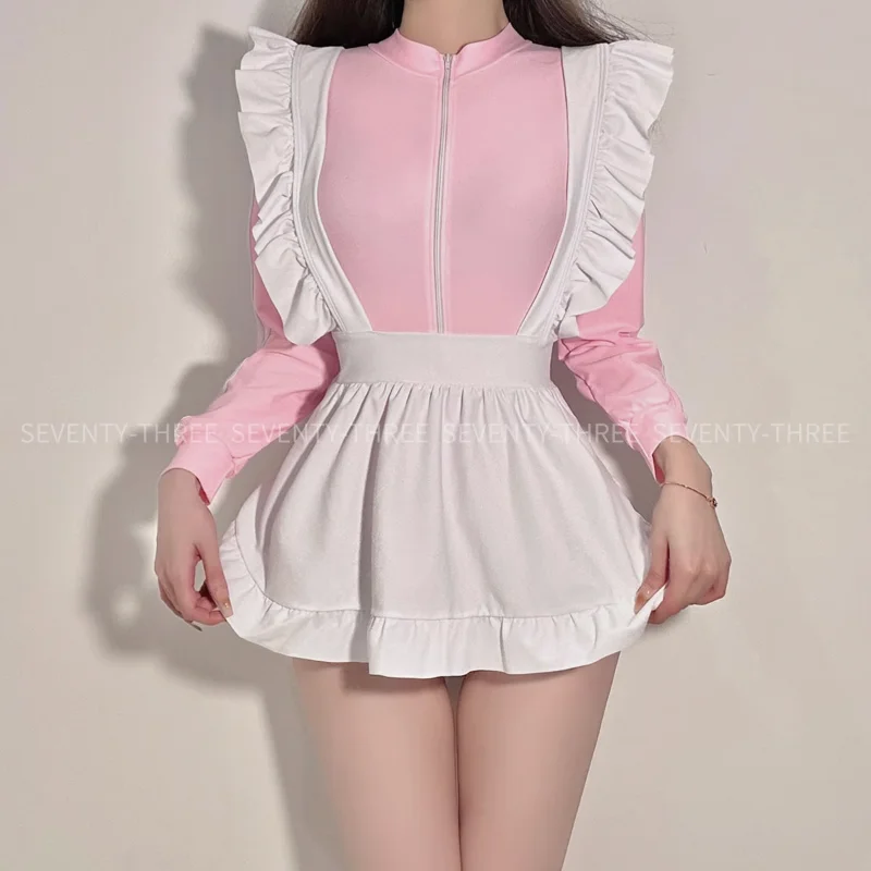 Anime Sexy Women Girl Cosplay Pink Sportswear Maid Strap Apron Uniform Suit Skinny Cute High Fork Bodysuit Set Underwear Costume