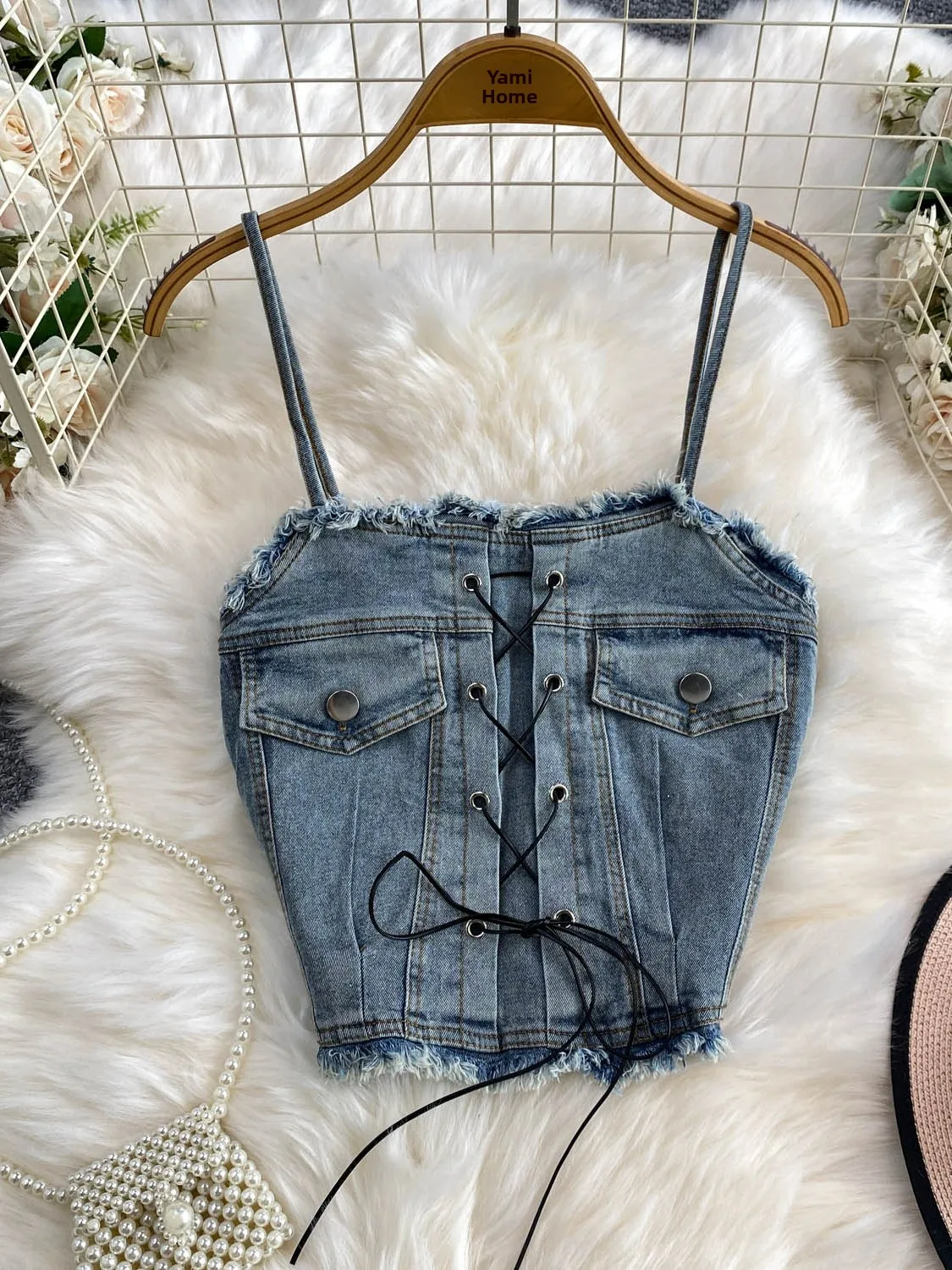 Spicy Girl Style Women's Taste Tie-Dye Denim Fringe Tube Top Strap Vest Summer Slimming Short Shirt for Young Women