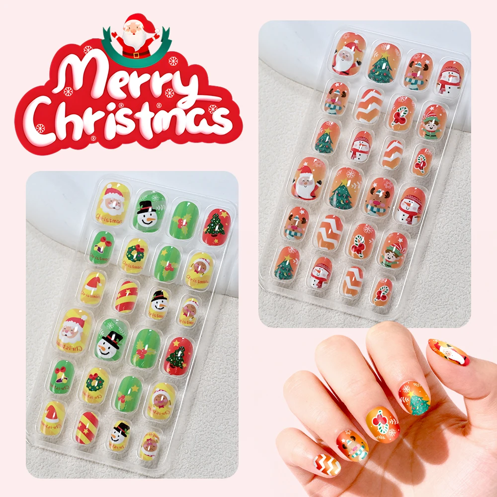 144Pcs Christmas Children False Nails Lovely Snowman Snowflakes Press On Nail Tip DIY Short Round  Kid Gifts False Nails Tips