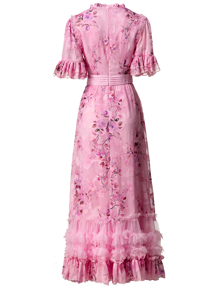 DSXDFACAIRIJ المرأة خمر الجاكار فستان طويل الخامس الرقبة مضيئة الأكمام الكشكشة الأزهار طباعة الصيف موضة الحفلات الإناث