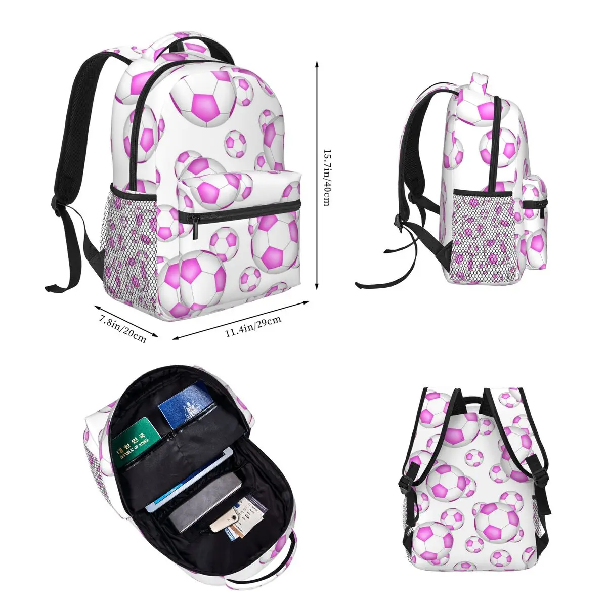 Pink And White Soccer Balls Backpacks Girls Bookbag Children School Bags Cartoon Kids Rucksack Lunch Bag Pen Bag Three-Piece Set