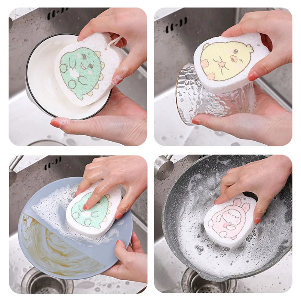 Compressed Wood Pulp Dishwashing Sponge Cartoon Dish Cloths Scouring Pads Dishwashing Rag Cleaning Cloth Kitchen Accessories